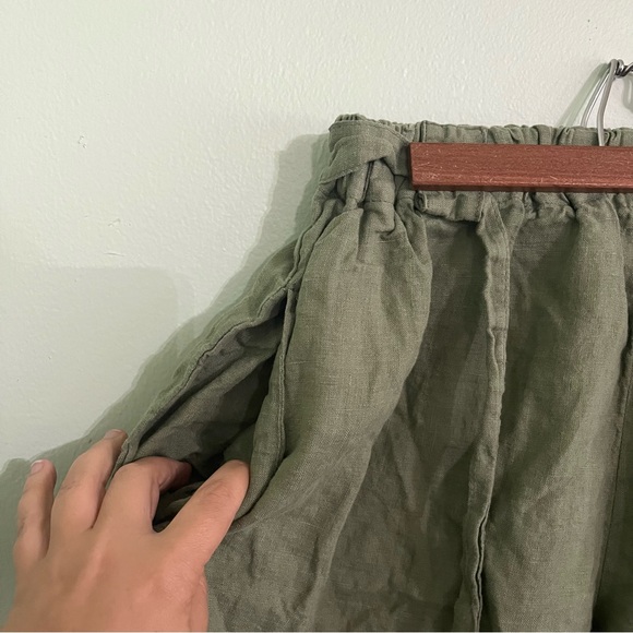 LO Len Ok Womens Paperbag 100% Linen Green Shorts L - Picture 2 of 5